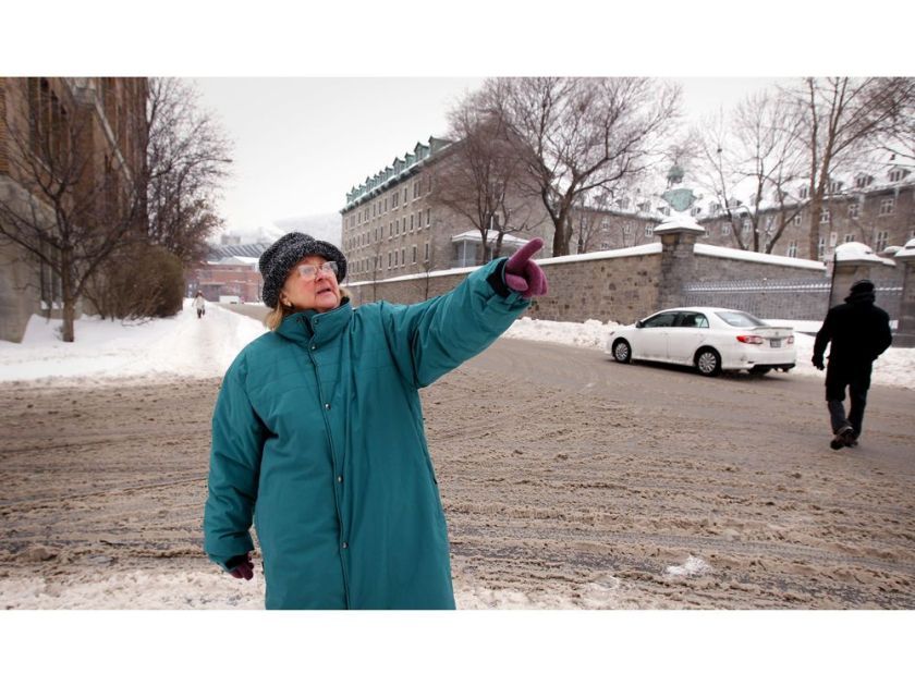 Lucia Kowaluk in front of the Hôtel-Dieu site on Pine Avenue